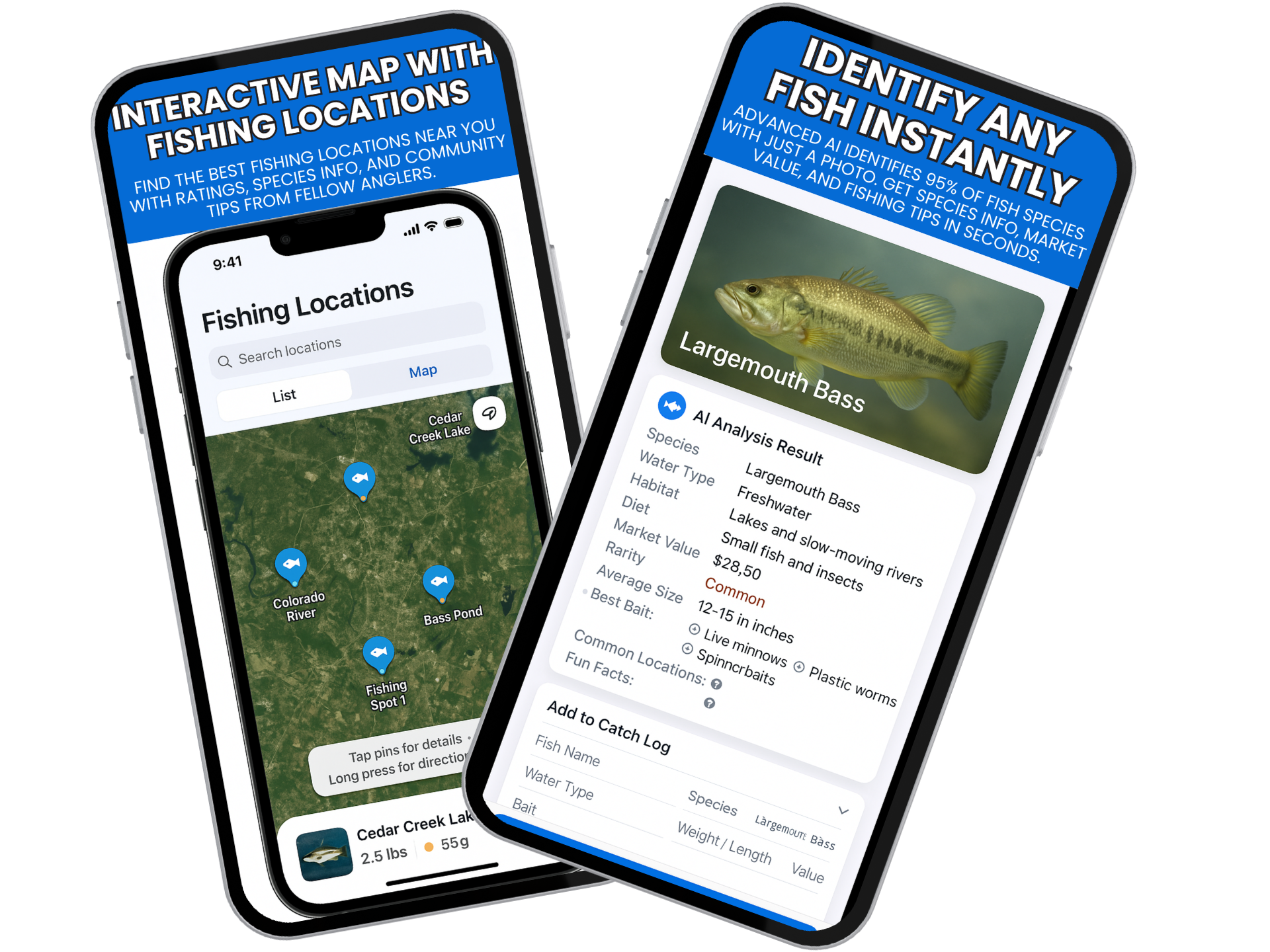 Fish identifier AI scanner app interface showing fish species identification